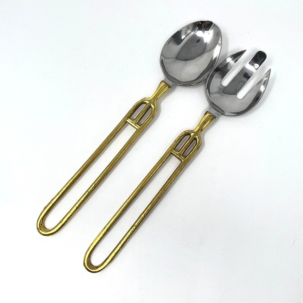 Pottery Barn Brass Stainless Serving Set Spoon Spork Fork 13" Modern Industrial